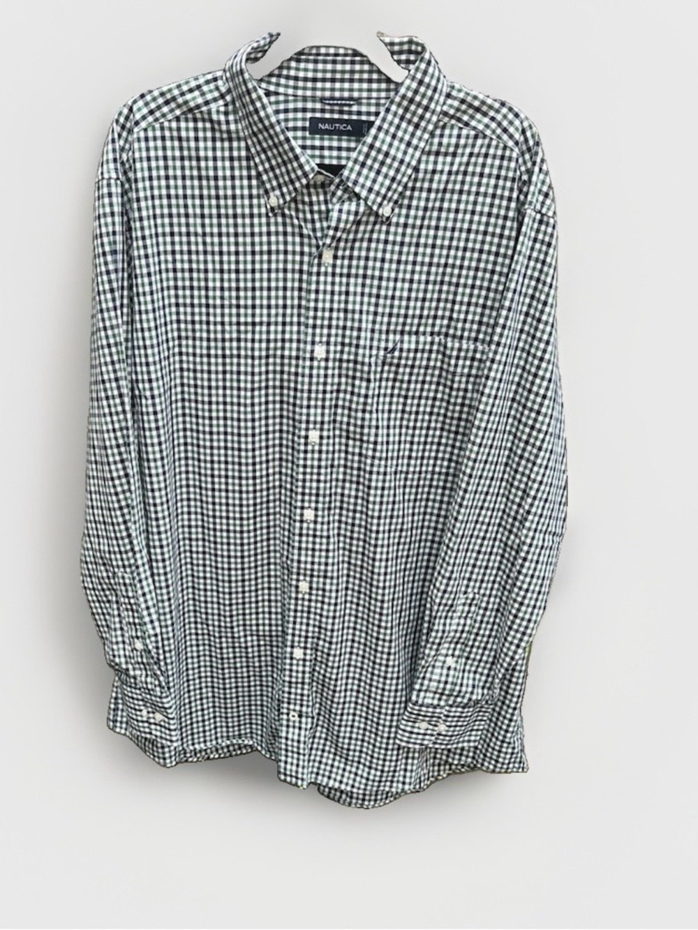 Nautica Mens 2XL Gingham Plaid Button Down Shirt Green Navy Blue Long Sleeve